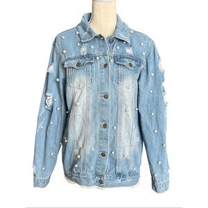Distressed Pearl Studded Denim Jacket XL The Style Between Us